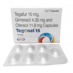 テゴナット,テガフール 15mg/ ギメラシル 4.35mg/ オテラシル 11.8mg, 7カプセル,製造元： Natco Pharma, 箱, シート