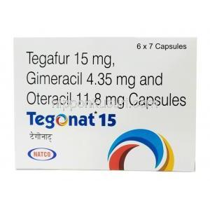 テゴナット,テガフール 15mg/ ギメラシル 4.35mg/ オテラシル 11.8mg, 7カプセル,製造元： Natco Pharma, 箱表面
