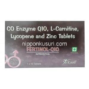 フェルチノール Q10,コエンザイムQ10 25mg/ L-カルニチン 250mg/ リコピン 5000mcg/ 亜鉛 12mg, 製造元：Knoll Heathcare Pvt Ltd, 箱表面