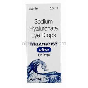 マックスモイストウルトラ 点眼薬, ヒアルロン酸ナトリウム 0.3% w/v, 点眼薬 10mL, 製造元：Ajanta Pharma Limited, 箱表面