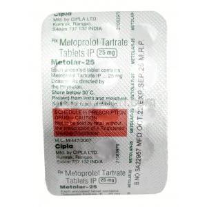 メトラー 25, メトプロロール酒石酸塩 25mg, 製造元:Cipla, シート情報