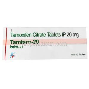 タムテロ 20, モキシフェン 20mg, 製造元：Hetero Drugs Ltd, 箱表面