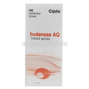 ブデネース AQ 鼻スプレー, ブデソニド 100mg,鼻スプレー  7.5mL (150回分),製造元：Cipla, 箱裏面