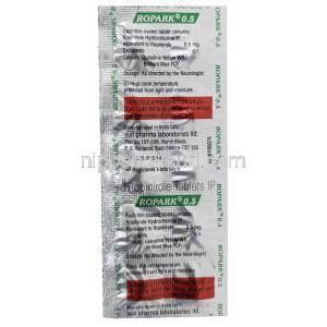 ロパーク 0.5, ロピニロール 0.5mg, 製造元：Sun Pharma,シート情報,製造元