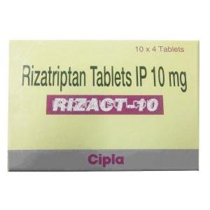 リザクト 10, 安息香酸リザトリプタン 10mg, 製造元：Cipla, 箱表面