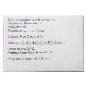 リザクト 10, 安息香酸リザトリプタン 10mg, 製造元：Cipla, 箱情報, 成分