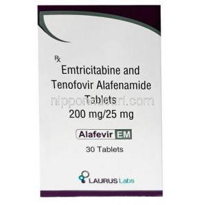 アラフェビル EM,エムトリシタビン 200mg/ テノホビル 25mg, 30錠, 製造元：Laurus Labs, 箱表面