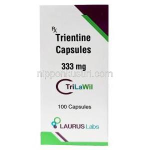 トリラウィル, トリエンチン塩酸塩 333mg, 100 カプセル,製造元：Laurus Labs, 箱表面