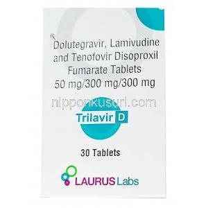 トリラビル D,  ドルテグラビル 50mg／ラミブジン 300mg／テノホビル 300mg, 30錠, 製造元：Laurus Labs, 箱表面