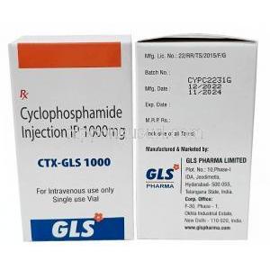 CTX-GLS 注射, シクロホスファミド 1000mg, 注射バイアル, 製造元：GLS Pharma Ltd,箱表面, 箱裏面