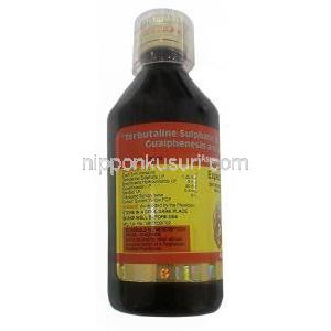 アスコリル プラス去痰薬,5mLあたり ブロムヘキシン 2mg/ グアイフェネシン 50mg/ メントール 0.5mg/ テルブタリン 1.25mg, 去痰薬 120mL, 製造元：Glenmark Pharmaceuticals Ltd, ボトル情報, 成分, 注意事項