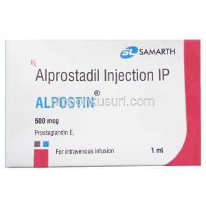 アルポスチン注射, アルプロスタジル 500mcg, 注射バイアル 1mL,　製造元： Samarth Life Sciences Pvt Ltd, 箱表面