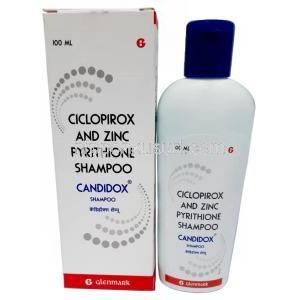 キャンディドックス シャンプー, シクロピロックス 1% w/v/ ジンクピリチオン 1% w/v, シャンプー 100 mL,製造元：Glenmark Pharmaceuticals, 箱, ボトル