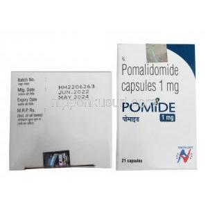 ポミド,ポマリドミド 1mg, 21カプセル, 製造元：Hetero Healthcare, 箱表面, 箱情報