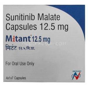 ミタント12.5mg, スニチニブ 12.5mg,カプセル,製造元： Hetero Drugs Ltd, 箱表面