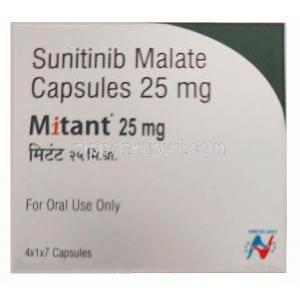 ミタント25mg, スニチニブ 25mg,カプセル,製造元： Hetero Drugs Ltd, 箱表面