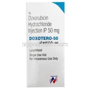 ドキソテロ注射,ドキソルビシン 50mg,注射バイアル, 製造元： Hetero Healthcare, 箱表面