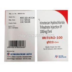 インテロ 100 注射, イリノテカン 100 mg, 注射バイアル, 製造元： Hetero Healthcare,箱