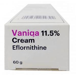 ヴァニカ クリーム,  エフロルニチン 11.5%, クリーム 60g,製造元：Almirall Ltd, 箱側面