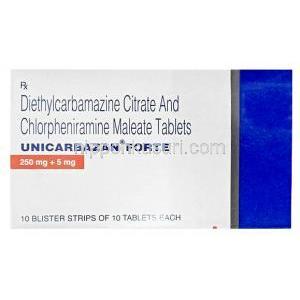 ユニカルバザン フォルテ, ジエチルカルバマジン 250 mg/ マレイン酸クロルフェニラミン 5 mg 10 錠, 製造元：Torrent Pharma, 箱表面