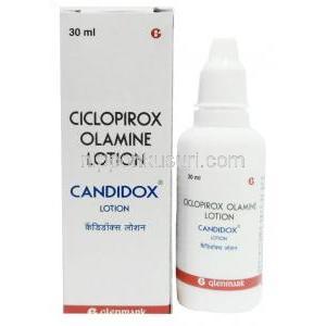 キャンディドックス ローション, シクロピロックス 1%ww, ローション 30 mL, 製造元：Glenmark Pharmaceuticals, 箱, ボトル