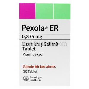 ペクソーラ ER, プラミペキソール 0.375mg, 製造元：Boehringer Ingelheim, 箱表面