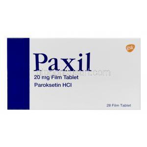 パキシル, パロキセチン 20 mg, 製造元：GSK, 箱表面