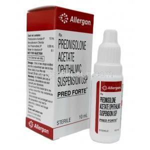 プレドフォルテ点眼薬, プレドニゾロン酢酸エステル 1%, 点眼薬 10mL, 製造元：Allergan, 箱, ボトル