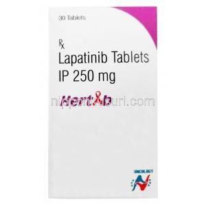 ヘルタブ,  ラパチニブ 250 mg, 30錠, 製造元：Hetero Healthcare Ltd,箱表面