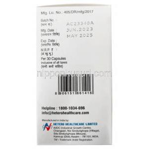 ニンリブ, ニロチニブ 200mg, 30カプセル, 製造元：Hetero Healthcare Ltd, 箱情報,製造日, 消費期限