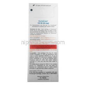 ヒューマトロープ注射,ソマトロピン 18IU(6mg),注射バイアル, 製造元：Eli Lilly India,箱情報, 使用方法