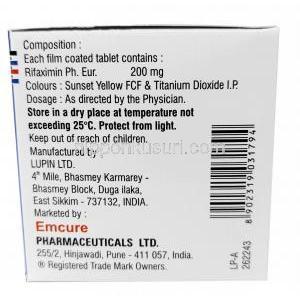 リファクリーン 200, リファキシミン, 200 mg, 製造元：Emcure Pharmaceuticals Ltd, 箱情報, 成分, 保管方法, 製造元