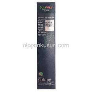 デュタマックス ローション, デュタステリド 0.025%, ローション 60mL,製造元：Galcare Pharmaceutical Pvt Ltd, 箱情報, 製造日, 消費期限