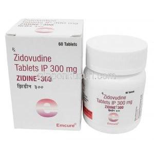 ジディン ジドブジン 300mg, 60錠, 製造元：Emcure Pharmaceuticals Ltd, 箱,ボトル表面