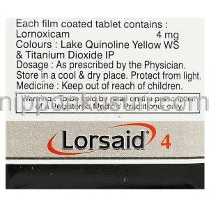 ロルノキシカム（ロルカムジェネリック）, Lorsaid, 4MG 錠 (Piramal) 成分