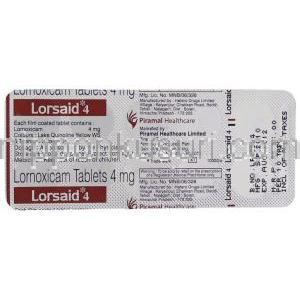 ロルノキシカム（ロルカムジェネリック）, Lorsaid, 4MG 錠 (Piramal) 包装裏面