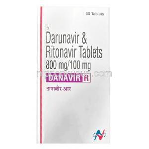 ダナビル R,ダルナビル 800mg/ リトナビル 100mg 30 錠,製造元：Hetero Drugs Ltd, 箱表面