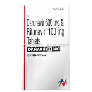 ダナビル R,ダルナビル 600mg/ リトナビル 100mg 60 錠,製造元：Hetero Drugs Ltd, 箱表面