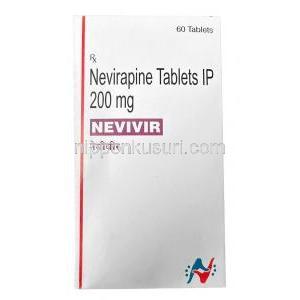 ネビビル,ネビラピン 200mg,  60 錠, 製造元：Hetero Drugs Ltd, 箱表面