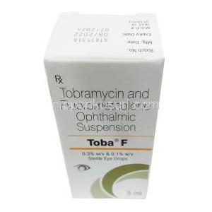 トバ F 点眼/点耳薬, トブラマイシン 0.3% w/v/ フルオロメトロン 0.1% w/v,点眼/点耳薬 5mL,製造元：Sun Pharmaceutical Industries, 箱表面