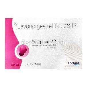 ポストポーン 72, レボノルゲストレル 1.5mg, 1錠, 製造元：Leeford healthcare, 箱表面