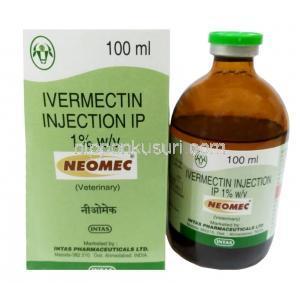 ネオメック 注射, イベルメクチン 1%, 注射バイアル 100mL, 製造元： Intas Pharmaceuticals Ltd,箱, バイアル