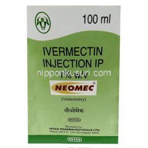 ネオメック 注射, イベルメクチン 1%, 注射バイアル 100mL, 製造元： Intas Pharmaceuticals Ltd,箱表面