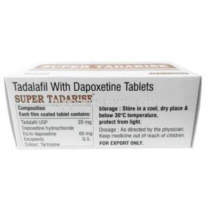 スーパータダライズ, ,タダラフィル 20mg/ ダポキセチン 60mg, 製造元：Sunrise Remedies, 箱情報,保管方法, 成分