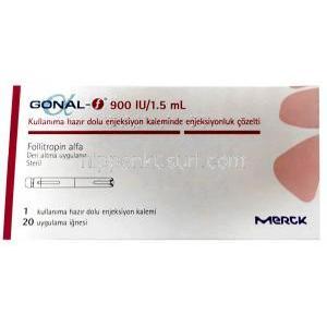 ゴナールエフ 皮下注ペン, フォリトロピン 900 IU ペン型注射 1.5 mL, 製造元：Merck, 箱側面