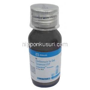 クラリビッド 経口懸濁液, クラリスロマイシン 1mLあたり 25mg,経口懸濁液用顆粒 30mL, 製造元：Abbott, ボトル表面