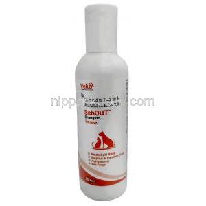 セブアウト シャンプー, グルコン酸クロルヘキシジン 2g/ ミコナゾール硝酸塩 2g,シャンプー 200mL, 製造元：Veko Care Pvt., Ltd,ボトル表面