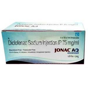 ジョナックAQ 注射, ジクロフェナク 1mLあたり 75mg, 注射アンプル 1mL,製造元：Zydus Cadila, 箱表面