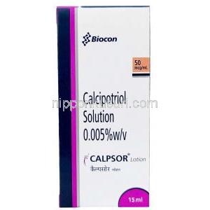 カルプソル ローション, カルシポトリオール 0.005%, ローション 15mL, 製造元：Biocon, 箱表面