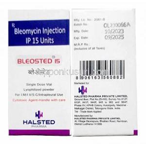 ブレオステッド注射, ブレオマイシン 15 IU, 注射バイアル, 製造元：Halsted Pharma Pvt Ltd, 箱表面, 箱裏面